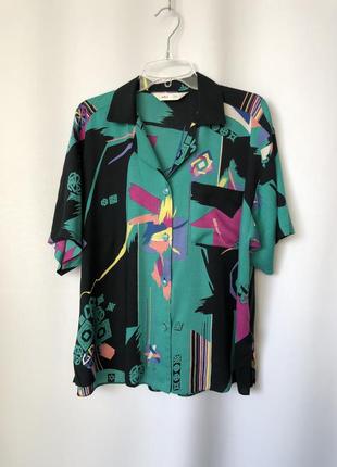 Винтаж блуза 90е бирюзовая абстрактный рисунок короткий рукав вискоза4 фото