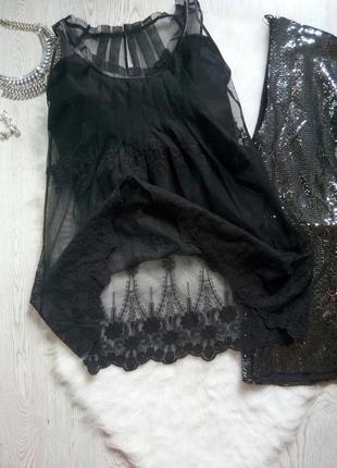 Черная ажурная блуза майка гипюр с вышивкой кружевом снизу туника длинная нарядная promod1 фото