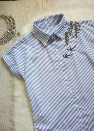 Біла блакитна коротка сорочка блуза в смужку з вишивкою принтом птахами гілками5 фото