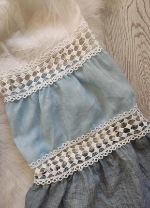 Голубая белая цветная свободная блуза трапеция длинный рукав вышивкой ажурными вставками6 фото