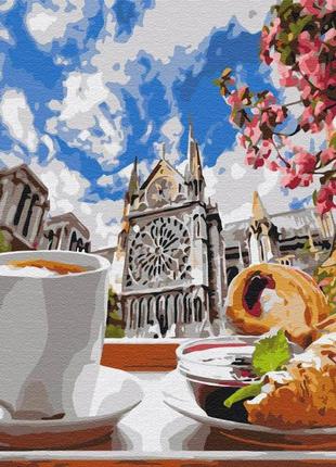 Картина за номерами brushme кава з круассаном на тлі собору bs34639 40х50 см набір для розпису за цифрами,