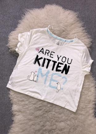 Домашняя пижамная футболка с рисунком топ укорочённая милая короткая котики