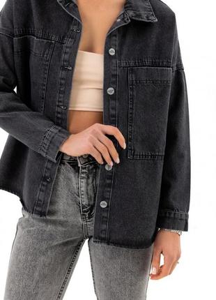Сорочка жіноча джинсова бавовняна з великими кишенями темно-сіра