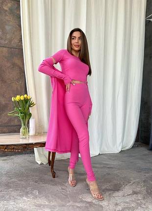 Костюм тройка лосины леггинсы кроп топ кардиган  чёрный оливковый бежевый розовый малиновый базовый весенний спортивный брючный