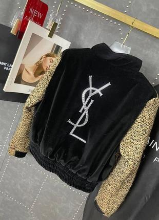 Бомбер твід в стилі ysl велюр короткий на молнії утеплений беж чорний2 фото