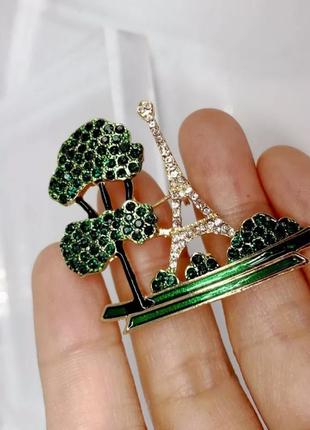 2в1 брошь - кулон путешествия, париж, эйфелевая башня, древо, дерево с кристаллами2 фото