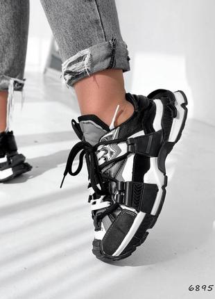 Чорні білі сірі шкіряні масивні кросівки на масивній грубій товстій підошві платформі4 фото