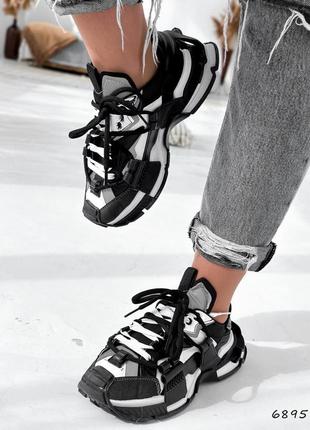 Чорні білі сірі шкіряні масивні кросівки на масивній грубій товстій підошві платформі9 фото
