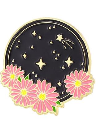 Значок / пен металлическое звездное небо и нежные розовые цветы