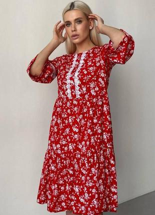 Женское красное свободное платье штапель в цветочный принт3 фото