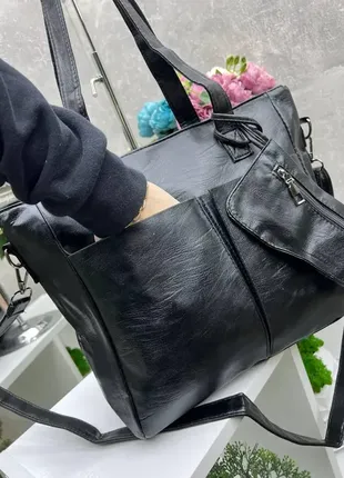 Черная стильная большая женская сумка формата а4 с кошельком в комплекте, 2 больших кармана спереди7 фото