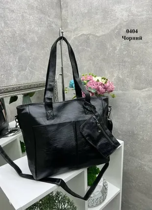 Черная стильная большая женская сумка формата а4 с кошельком в комплекте, 2 больших кармана спереди3 фото