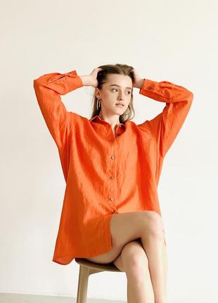 Оранжевая рубашка из натурального льна в стиле бохо3 фото