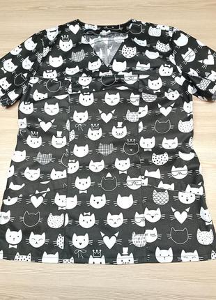 Женская черная медицинская блуза,топ  с  котами 42-56 р1 фото