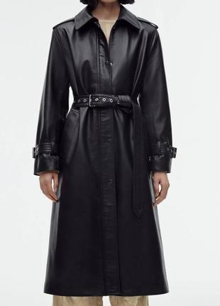 Женский черный кожаный тренч, довгий плащ, пальто оригинал zara