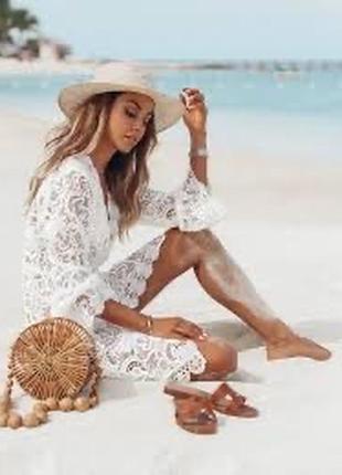 Женское белое кружевное вязаное парео, сарафан пляжная накидка, пляжная накидка туника белая