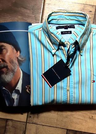 Чоловіча стильна брендова сорочка tommy hilfiger оригінал небесного кольору в смужку крій regular розмір s5 фото
