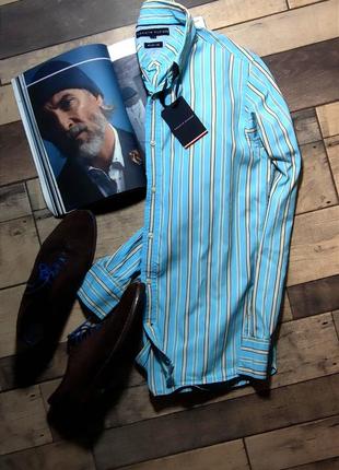 Чоловіча стильна брендова сорочка tommy hilfiger оригінал небесного кольору в смужку крій regular розмір s2 фото