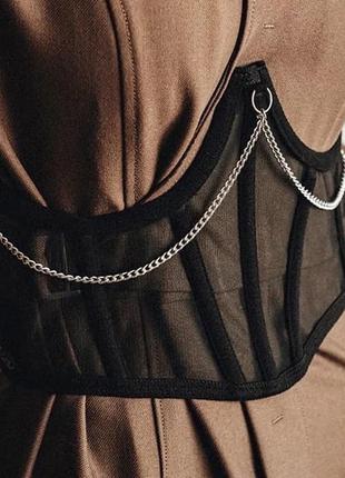 Корсет чорний сіточка з ланцюжком на зав'язках жіночий