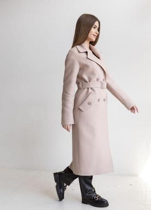 Пальто жіноче довге двобортне демісезонне прямого крою з поясом напіввовняне кремове4 фото
