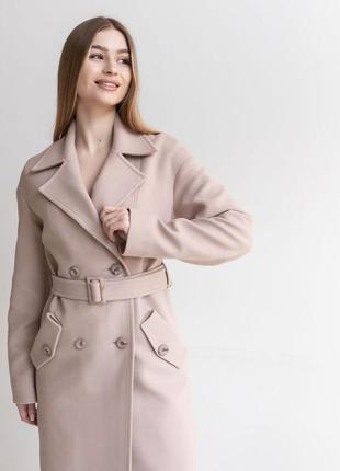 Пальто жіноче довге двобортне демісезонне прямого крою з поясом напіввовняне кремове3 фото