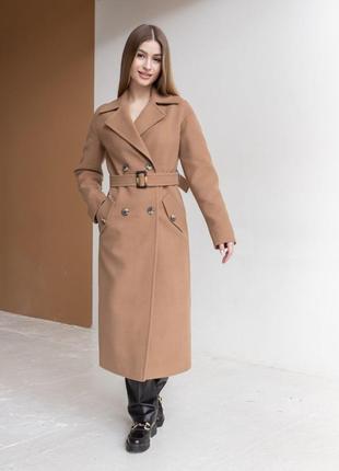 Пальто жіноче довге двобортне демісезонне прямого крою з поясом напіввовняне карамель2 фото