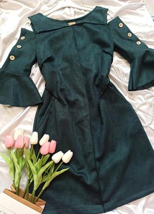 Замшева сукня темно зеленого кольору з цікавими рукавами6 фото