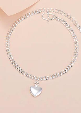 Срібний браслет жіночий срібне покриття 925 проби із сердечком серце підвіс1 фото