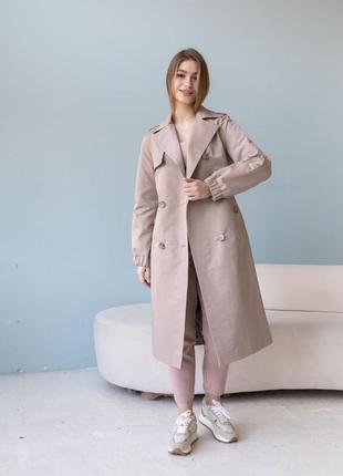 Тренч женский длины, миди, плащ двубортный, демисезонный, осенний, весенний, деми, капучино