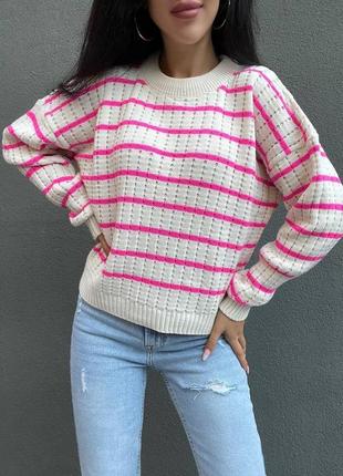 Полосатый свитер, р.уни 42-48, машинная вязка, розовый5 фото