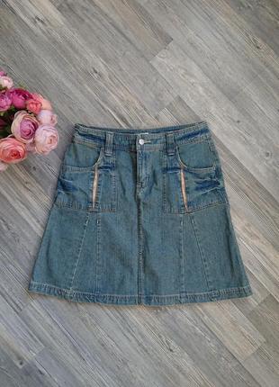 Стильная джинсовая юбка с элементами печворк р.44 /561 фото