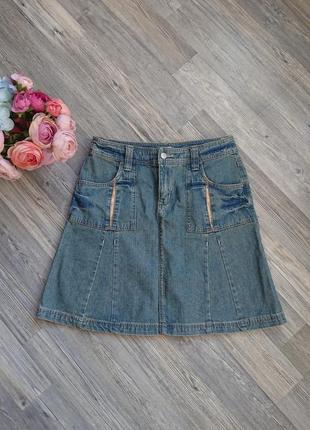 Стильная джинсовая юбка с элементами печворк р.44 /565 фото