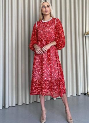 Женское шифоновое платье красное с кружевом  3366-02