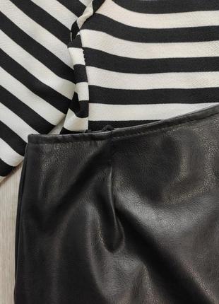 Черная длинная короткая кожаная юбка миди батал большого размера с разрезом сбоку7 фото