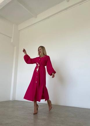 Платье миди с пышной юбкой расклешенное льняное белое синее малиновое розовое с рукавами фонариками с декольте на пуговицах  вечернее на выход