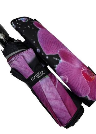 Жіноча парасоля-автомат від flagman на 9 спиць, чорний з рожевою квіткою, n0153-106 фото