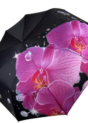 Жіноча парасоля-автомат від flagman на 9 спиць, чорний з рожевою квіткою, n0153-10