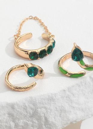 Набор женских колец со змеей, в цвете золото, бижутерия, перстень, с зелеными камнями / fs-17172 фото