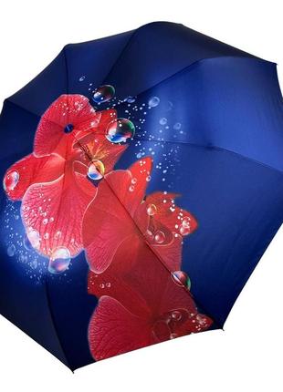 Жіноча парасоля напівавтомат від flagman на 9 спиць, синій з червоною квіткою, n0152-7