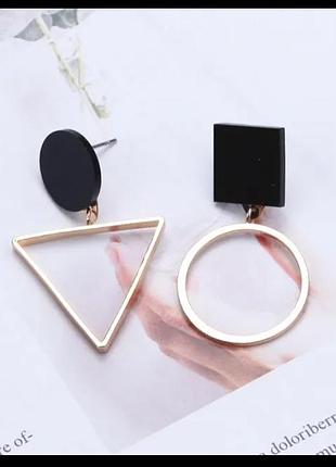 Модные ассиметричные серьги черные геометрия треугольник и кругсережки стильные ромб висячие
