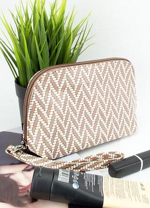 Косметичка женская кожаная viva 018 маленькая бежевая с плетеным орнаментом