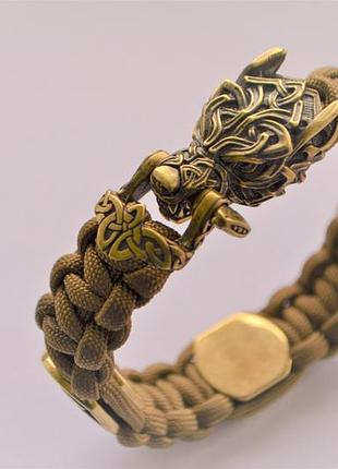 Браслет з вовком і рунами з паракорду та латуні ручного лиття під замовлення + брелок у подарунок