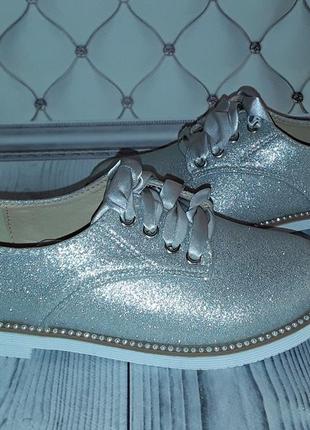 Туфли-оксфорды, туфли на шнурках, туфли девочке серебро3 фото