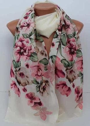 Нежный шифоновый турецкий шарф палантин весна лето, кремовый с цветами, в цветах
