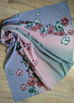 Нежный шифоновый турецкий шарф палантин весное лето, серый пудровый зеленый с цветами, в цветах1 фото
