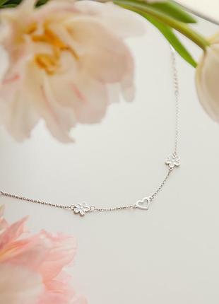 Серебряный браслет цветы с сердечком3 фото