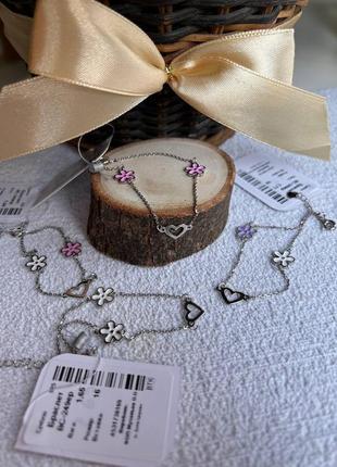 Серебряный браслет цветы с сердечком2 фото