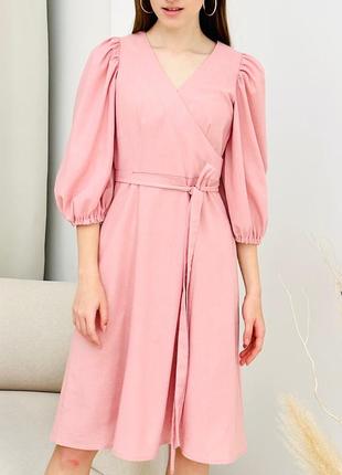 Рожева сукня міді з натурального льону в класичному стилі