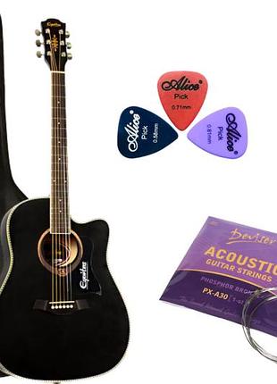 Набор акустическая гитара equites eq905c bk 41 + чехол + струны + медиаторы