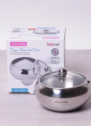 Сахарница kamille 560 мл из нержавеющей стали с ложечкой и стеклянной крышкой км-7003